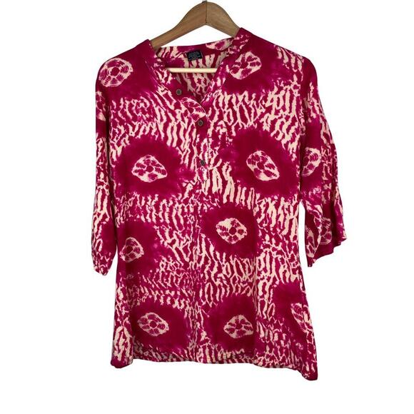 Soch Women's M Hot Pink Cream Batik 3/4 Sleeve Popover Boho Tunic Top - Picture 1 of 5